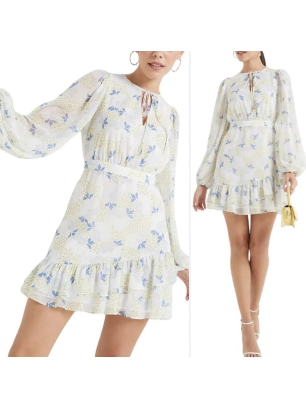 Ted Baker Suzie Asymmetric Ruffles Mini Dress White Blue Floral Metallic